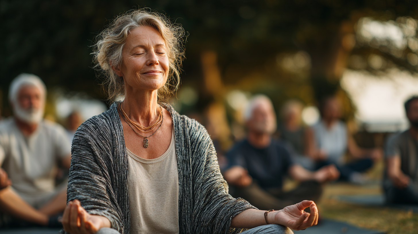 Група старших людей займається йогою в парку